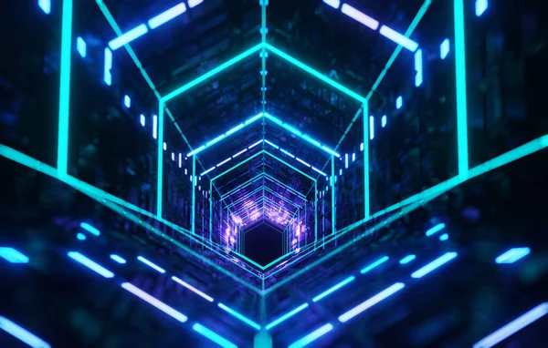 Utforska Futuristisk Glödande Korridor Fascinerande Rendering Blandningsteknik Geometri Och Abstrakt — Stockfoto