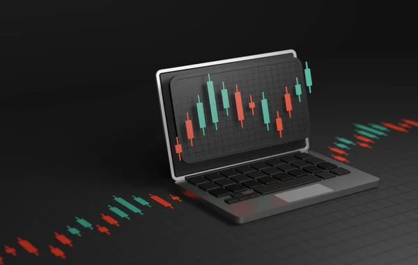 市場動向や機会の世界を通してあなたを導く コンピュータのラップトップ上の燭台のこの近代的な描写と金融分析と取引戦略 3Dレンダリング図 — ストック写真