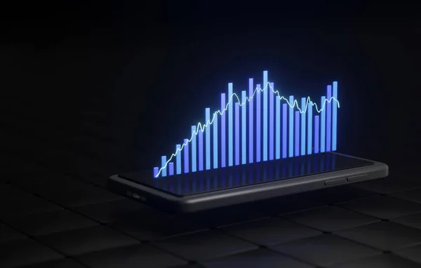 stock image Finance and technology with this captivating blue graph on smartphone, presenting modern infographic that unveils valuable insights into financial analysis and market trends. 3d render illustration