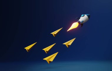 Grup olarak yenilikçi iş liderliği başarıya doğru bir roket gibi. Fütüristik bilgi toplama takım çalışması, strateji ve başarı. 3 Boyutlu resimleme.