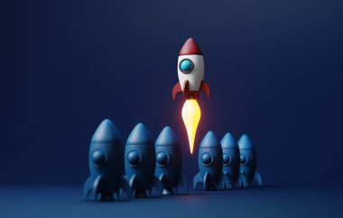 Roket fırlatma, yenilikçiliği ve modern bilgi grafikleri için ideal iş dünyasındaki ilerlemeyi sembolize eder. 3d resimleme.