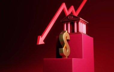 Dolar işaretinin düşmesi finansal çöküşü, bankacılık krizini ve ekonomik çöküşü temsil ediyor. 3d resimleme.