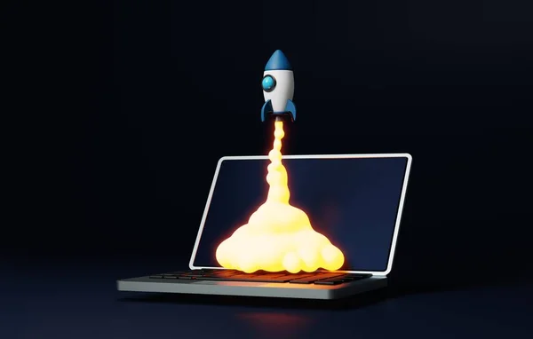 Виконує Футуристичну Подорож Запуску Ракет Ноутбука Символізуючи Інноваційний Успіх Стартапу — стокове фото