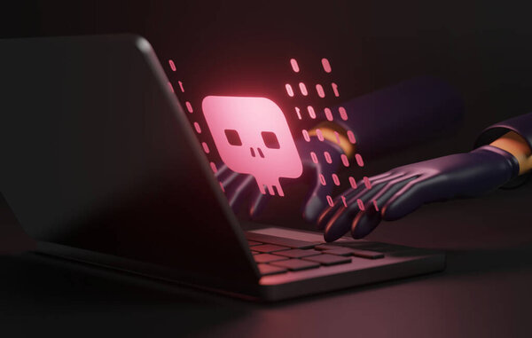 Depiction of a cunning cyber thief as they scam users online. Explore the world of internet crime and cybersecurity. 3D render illustration.