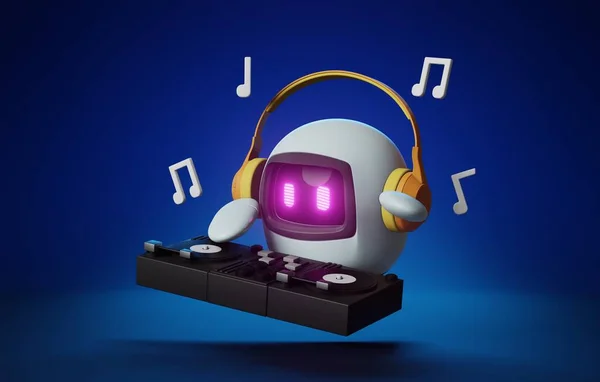 헤드폰을 착용하는 귀여운 Dj는 활기찬 파란색 배경에서 고전적인 레코드 플레이어를 — 스톡 사진