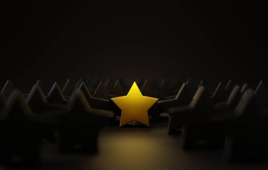 Karanlık arka planda, parlak altın yıldız siyah yıldızların arasında öne çıkar, liderliği, olağanüstü başarıyı ve başarıyı simgeler. 3 Boyutlu resimleme.