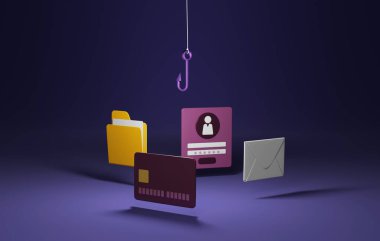 Siber suçlar, sahtekârlık ve online dolandırıcılık. Dijital hırsızlık ve dolandırıcılığın tehlikelerini ortaya çıkarmak. Verilerinizi bu canlı sunumla koruyun. 3 Boyutlu resimleme.