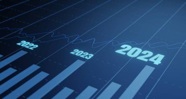 Gelecekteki finansal başarıyı keşfet. Şirket gelişimini 2024 yılında analiz edin, uzun vadeli yatırımlar planlayın ve bu dinamik iş büyüme grafiğiyle kurumsal stratejinizi geliştirin. 3 Boyutlu resimleme.