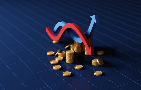 Исследуйте динамичный мир финансов. Обратите внимание на колебания фондового рынка, инвестиционные риски и путь к росту бизнеса. Трехмерная иллюстрация