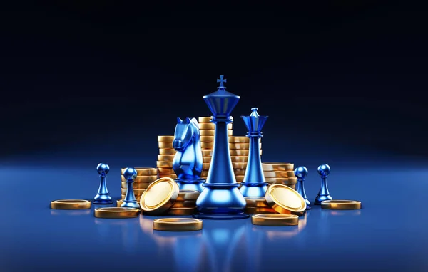 Financial planning and economic success with this featuring a chess set and a coin stack. Ideal for business, accounting, and financial themes. 3D render illustrating.
