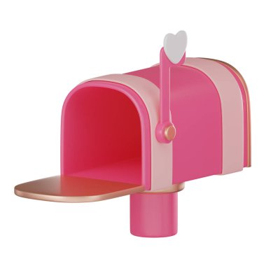 Sevgililer Günü temalı posta kutusu sembolü aşk, iletişim ve samimi bağlantılar. Duygularını ifade etmek ve özel şeyleri kutlamak. 3 Boyutlu resimleme 