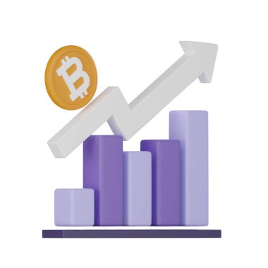 Yükselen çubuk grafikteki Bitcoin madeni para yükselen bitcoin değerini, döviz kurunu sembolize eder. sunumlar, pazarlama materyalleri veya kripto para ve finans ile ilgili web sitesi. 3 Boyutlu resimleme.