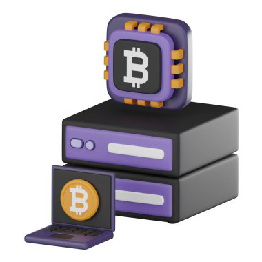Sunucu madencilik bitcoin, kripto para madenciliği operasyonlarını destekleyen teknolojik altyapı sunumlar, web sitesiyle ilgili, engelleme zinciri teknolojisi. 3 Boyutlu resimleme.
