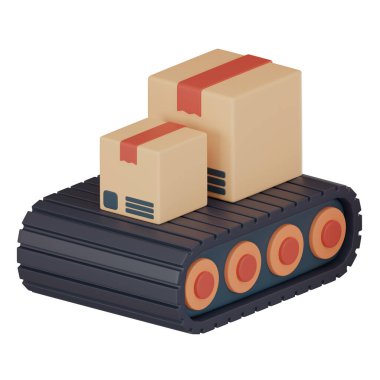 Simge taşıma bandı karton kutuları verimli ve otomatik ulaşım lojistik operasyonlarını sembolize eder, malları teslim eder. Sunumlar, web sitesi tasarımları ile ilgili lojistikleri kullanın. 3 Boyutlu resimleme.