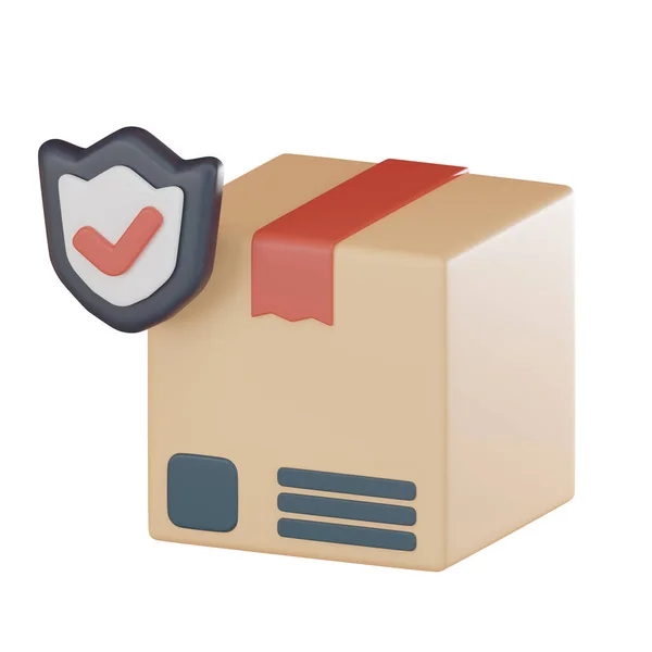 Icon box shield symbolizes shipping insurance delivery security ensuring safe, Use presentations, website designs related shipping, transportation safety insurance 3D render illustration.