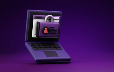 Bilgisayarlı siber güvenlik ikonu, dijital koruma ve mahremiyet sergiliyor. Teknoloji, ağ ve çevrimiçi güvenlik kavramları için ideal. 3 Boyutlu resimleme.