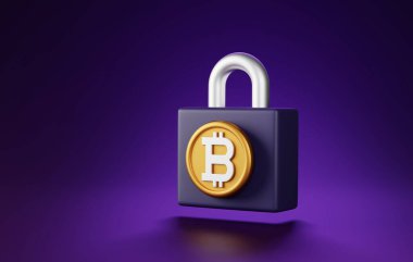 Asma kilidin bitcoin 'i güvence altına alması, kripto para biriminin güvenlik önlemlerinin korunmasının önemini sembolize eder. 3 Boyutlu resimleme