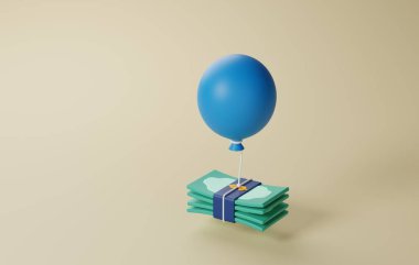 Balon ve banknot, enflasyon, yükselen fiyatlar, ekonomik krizler ve finansal zorluklar. Yaşam maliyeti ve finansal planlama kavramlarını aktarmak için ideal. 3 Boyutlu resimleme.