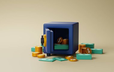 Değerli eşyaları koruyan kiralık kasa, finansal riskleri en aza indiren, finansal kurumlar, güvenlik önlemleri ve afet kurtarma yatırımlarınızın güvenliğini sağlayan kasa. 3 Boyutlu resimleme