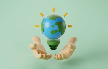 Dünyayı kapsayan bir ampulün görüntüsü. Çevreye duyarlı projeler için mükemmel, korunmayı ve sürdürülebilir enerjiyi sembolize ediyor. 3 Boyutlu resimleme