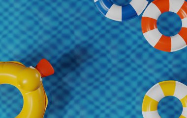 Plastik ördek yüzüğü ve yüzme havuzunda yüzen renkli lastik yüzük. Yaz eğlencesinin kaygısız ruhunu uyandırmak için ideal. 3 Boyutlu resimleme 