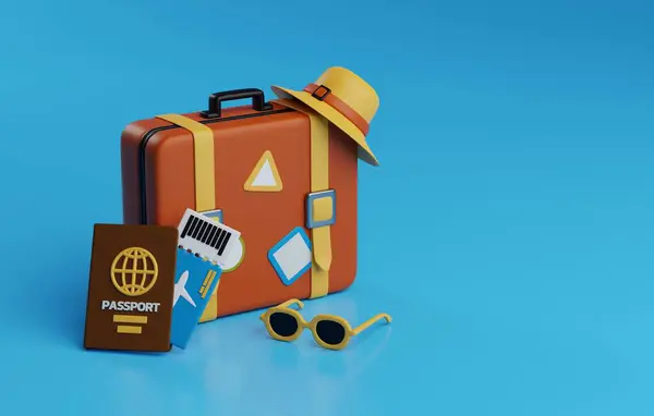 パスポート スーツケース サングラスなどの重要なアイテム 新しい目的地を探索し 新しい冒険を体験する興奮を伝えるのに最適です 3Dレンダリングイラスト ロイヤリティフリーのストック画像