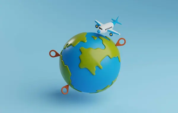 グローバルアイコンが特徴です 旅行関連のプロジェクトに最適です ワンダルートを促進 そして グローバルな目的地を紹介 3Dレンダリングイラスト ストック写真
