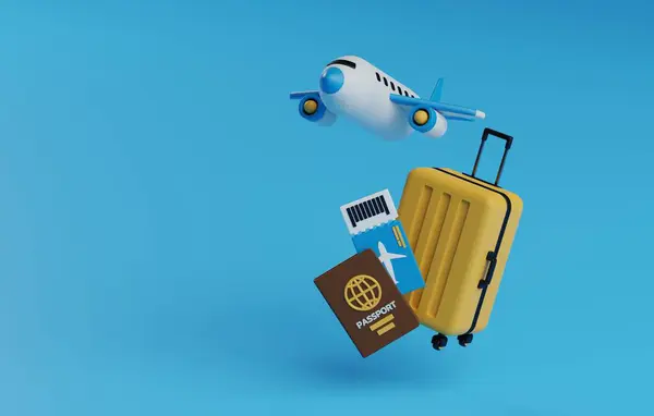 パスポート スーツケース 飛行機のアイコン 旅行をテーマにしたデザイン 観光プロモーション 休暇広告に最適です 3Dレンダリングイラスト ストックフォト