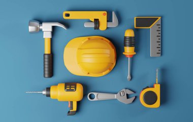 DIY, marangozluk ve ev geliştirme kavramları için inşaat aletlerini mükemmel ayarlayın. Mavi arkaplandaki üst görünüm. 3 Boyutlu resimleme