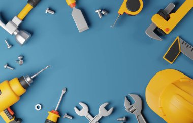 DIY, marangozluk ve ev geliştirme kavramları için inşaat aletlerini mükemmel ayarlayın. Mavi arkaplandaki üst görünüm. 3 Boyutlu resimleme