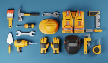 DIY, marangozluk ve ev geliştirme kavramları için inşaat aletlerini mükemmel ayarlayın. Mavi arkaplandaki üst görünüm. 3 Boyutlu resimleme