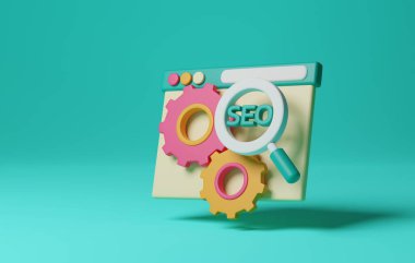 SEO yönetimi ve stratejik planlama. Çevrimiçi iş büyümesinde arama motoru optimizasyonunun önemini temsil etmek için mükemmel. 3 Boyutlu resimleme.