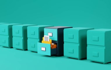 3D Simge dosya dolabı, belgeler ve evrak işleri için ideal depolama çözümleri sunuyor. Zahmetsizce organize bir çalışma alanı oluşturun. 3 Boyutlu resimleme.
