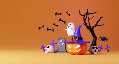 RIP metni içeren 3 boyutlu kabak hayaleti mezar taşı illüstrasyonu. Cadılar Bayramı süslemeleri, gotik tasarımlar veya anıt projeler için yapılmış bu mezar taşı çizimi herhangi bir sahne promosyon posterine ürkütücü bir dokunuş ekliyor..