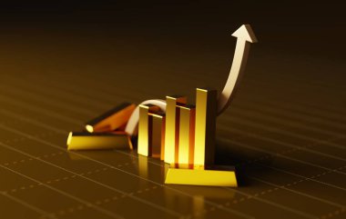Ticari manzarayı şekillendiren eğilimleri keşfetmek için altın külçeler, bir çubuk grafik ve parlak siyah bir arkaplanda bir ok. Finansal başarı potansiyelinin kilidini aç.