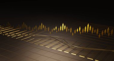 Finansal analiz ve ticari başarı. Altın şamdanın büyüleyici altın sarısı arka planda parlaması sizi karlı girişimlere yönlendiriyor. 3d resimleme.