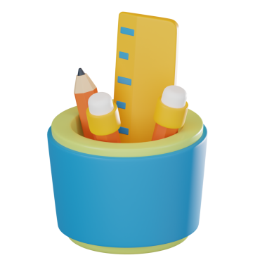 Yaratıcılık ve 3 boyutlu öğrenme simgesi seti bir kalem, cetvel ve kutu içerir. Eğitim projeleri, grafik tasarımı ve yaratıcı çalışma alanları için ideal. 3 Boyutlu resimleme.