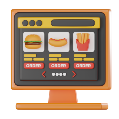 Çevrimiçi gıda sipariş sisteminin 3 boyutlu çizimi. İnternet tasarımı, dijital platformlar ya da kolaylık ve verimliliği vurgulayan restoran hizmetlerinde gıda uygulamalarını göstermek için mükemmel..