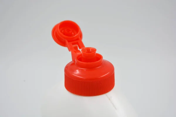 Interesting White Plastic Bottle Red Lid Unusual Package Hand Wash — Stock Photo, Image