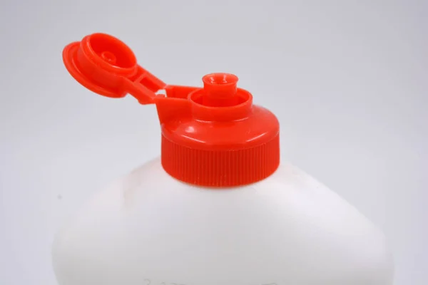 Interesting White Plastic Bottle Red Lid Unusual Package Hand Wash — Stock Photo, Image