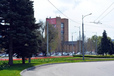 Doğa yeşili, çimen, sık çalılar, büyük Noel ağaçları, otobanın yanındaki ağaçlar ve çiçekler, Ukrayna 'nın Dnipro şehrindeki yol..