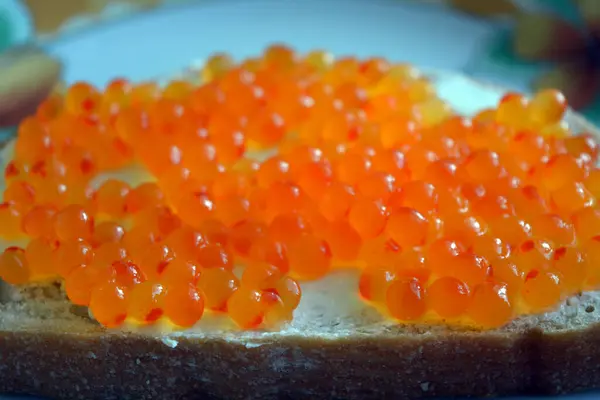 Food, homemade food, a sandwich with red caviar, namely a piece of white bread spread with butter and lined with red caviar.