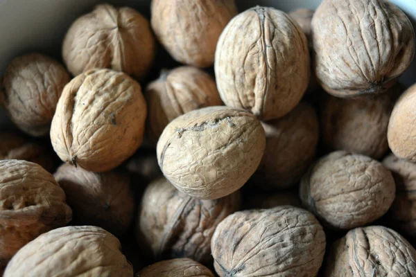 Beautiful brown natural walnuts randomly arranged on white metallic background.