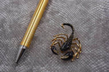 Çok şık, lüks, kadife, gri defter, iş günlüğü, altın renkli kalemi olan kitap ve beyaz plastik arka planda güzel bir kadın broşu olan siyah akrep..