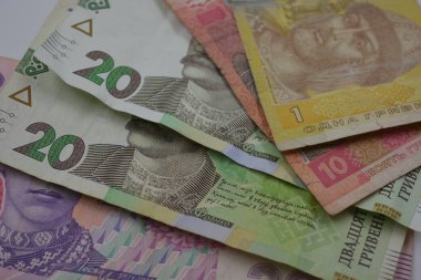 Para, para birimi, Ukrayna parası - 200, 20,10 kağıt hryvnia ve bir hryvnia banka plastik kartlı beyaz bir arka planda yer almaktadır.