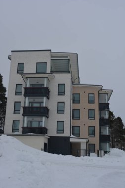 Varkaus, Finlandiya 'da bulunan bir gölün yakınındaki güzel ve şık binalar, Noel ağaçları ve ağaçlarla dolu yapılar..