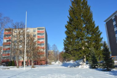 Finlandiya 'nın küçük Varkaus kasabasında güzel ve aydınlık bir kış havası vardır. Bir sürü beyaz kar, büyük yeşil köknar ağaçları, eşkıyalar, beyaz huş ağaçları, kaldırımlar ve parlak bir kış gökyüzünün arka planına karşı evler.