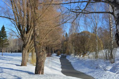 Beyaz kar, ağaçlar ve parlak mavi gökyüzüne karşı akan güzel kış manzarası. Finlandiya 'nın küçük Varkaus kasabasında güzel ve aydınlık kış havası.