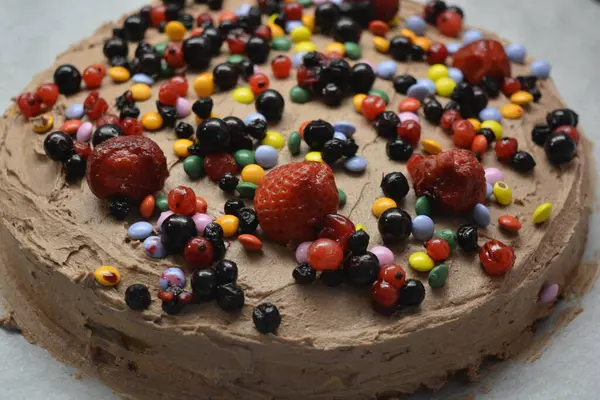 面包店 自制美味的糕点 带有棕色奶油的海绵蛋糕 上面撒满了色彩艳丽的糖果和水果片 — 图库照片