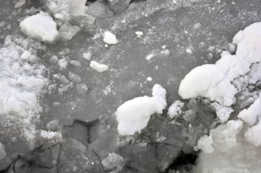 Doğanın güzel ve alışılmadık arka planları, beyaz kar parçalı kalın bir buz tabakası, donmuş Dnipro nehrinin kış arkaplanı, Dnipro, Dnepropetrovsk Ukrayna.